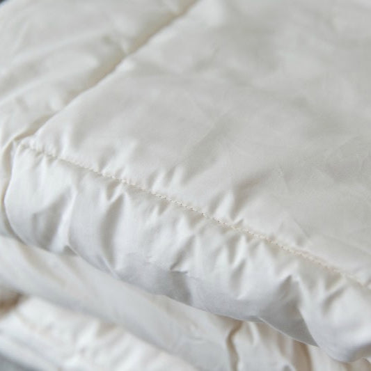 Close-up of a 100% wool comforter with visible stitching.