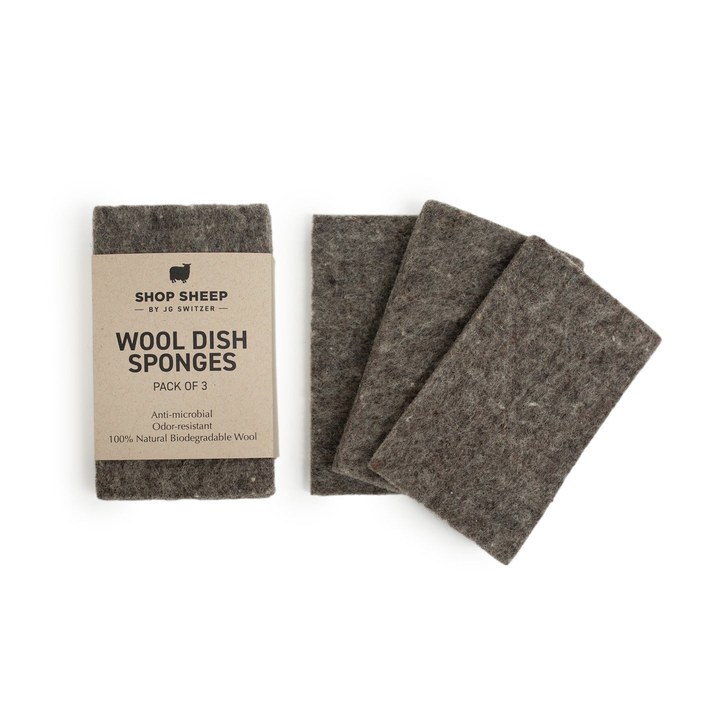 wool dish sponges, 3-pack, natural grey