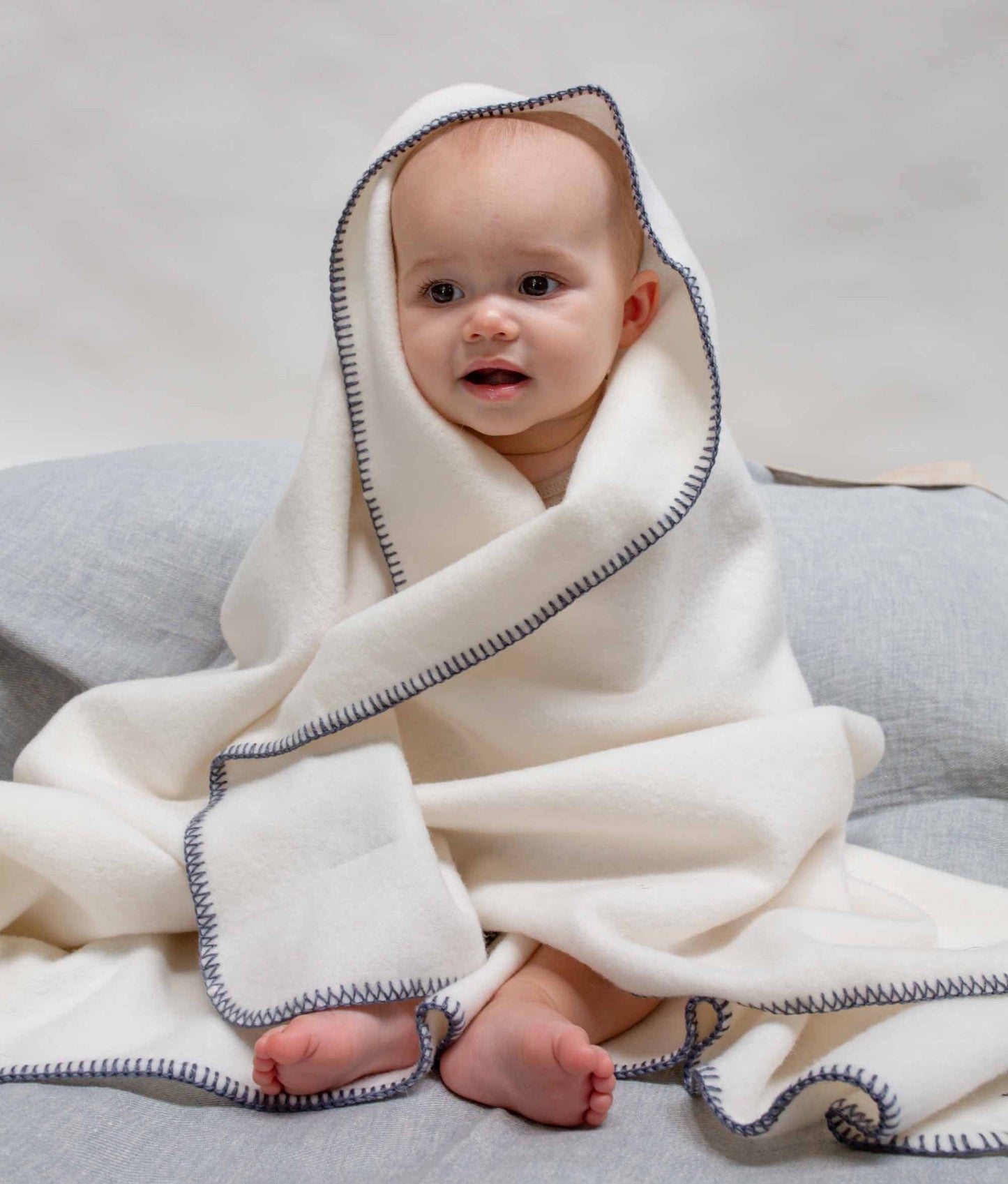 Baby Lambswool Blanket - White w/ Blue Stitch