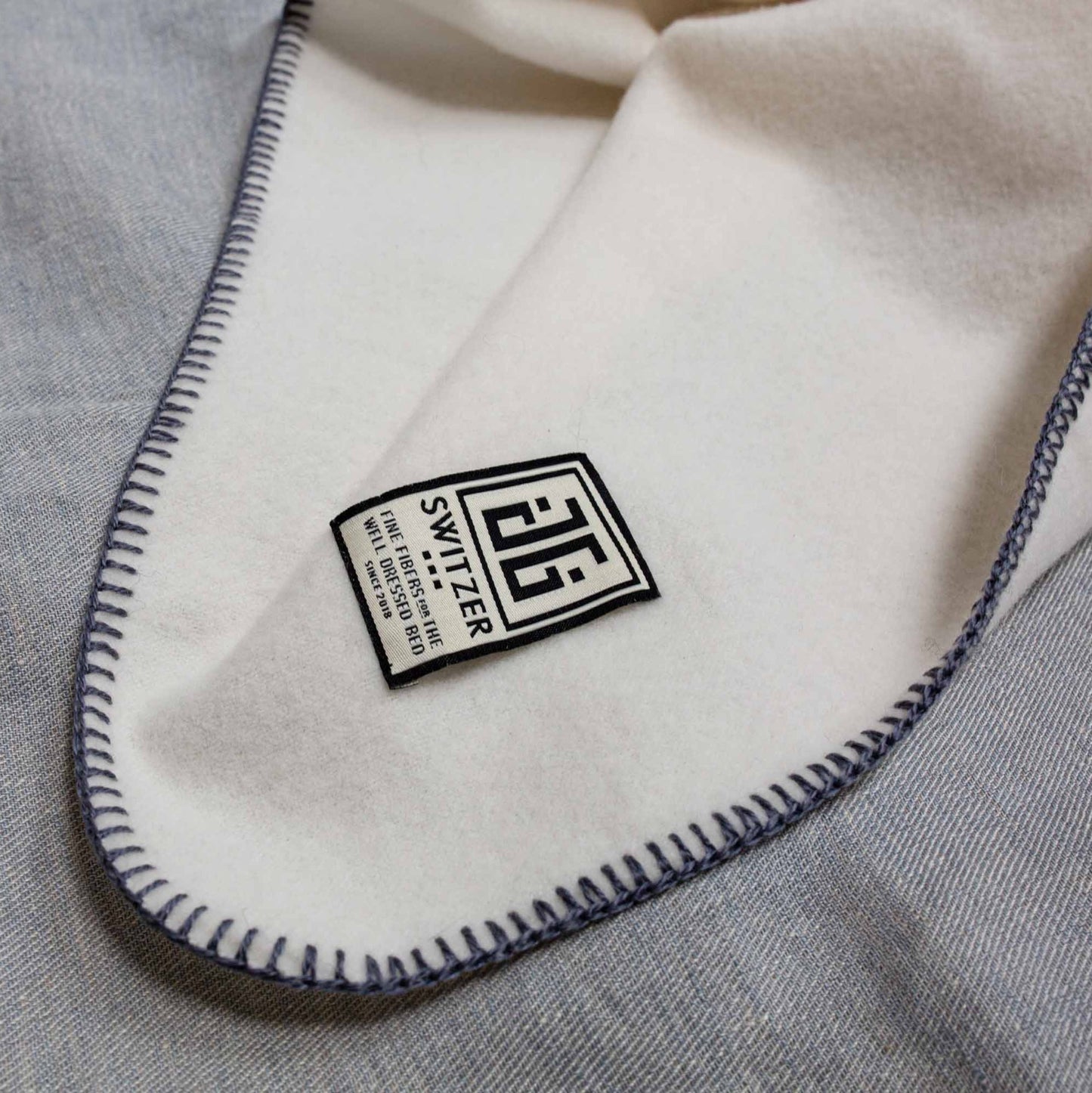 Baby Lambswool Blanket - White w/ Blue Stitch