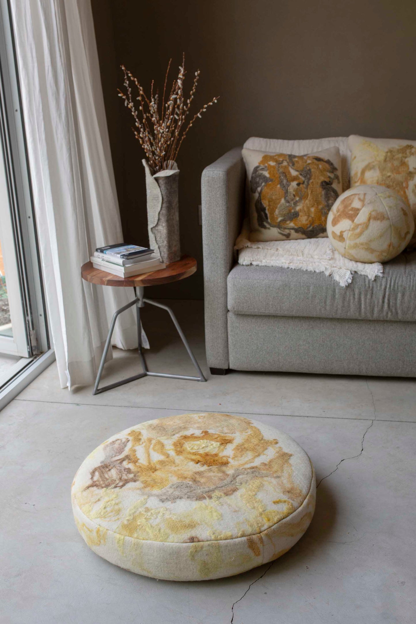 Botanical Floor Cushion - Felted Wool - Turmeric Yellow
