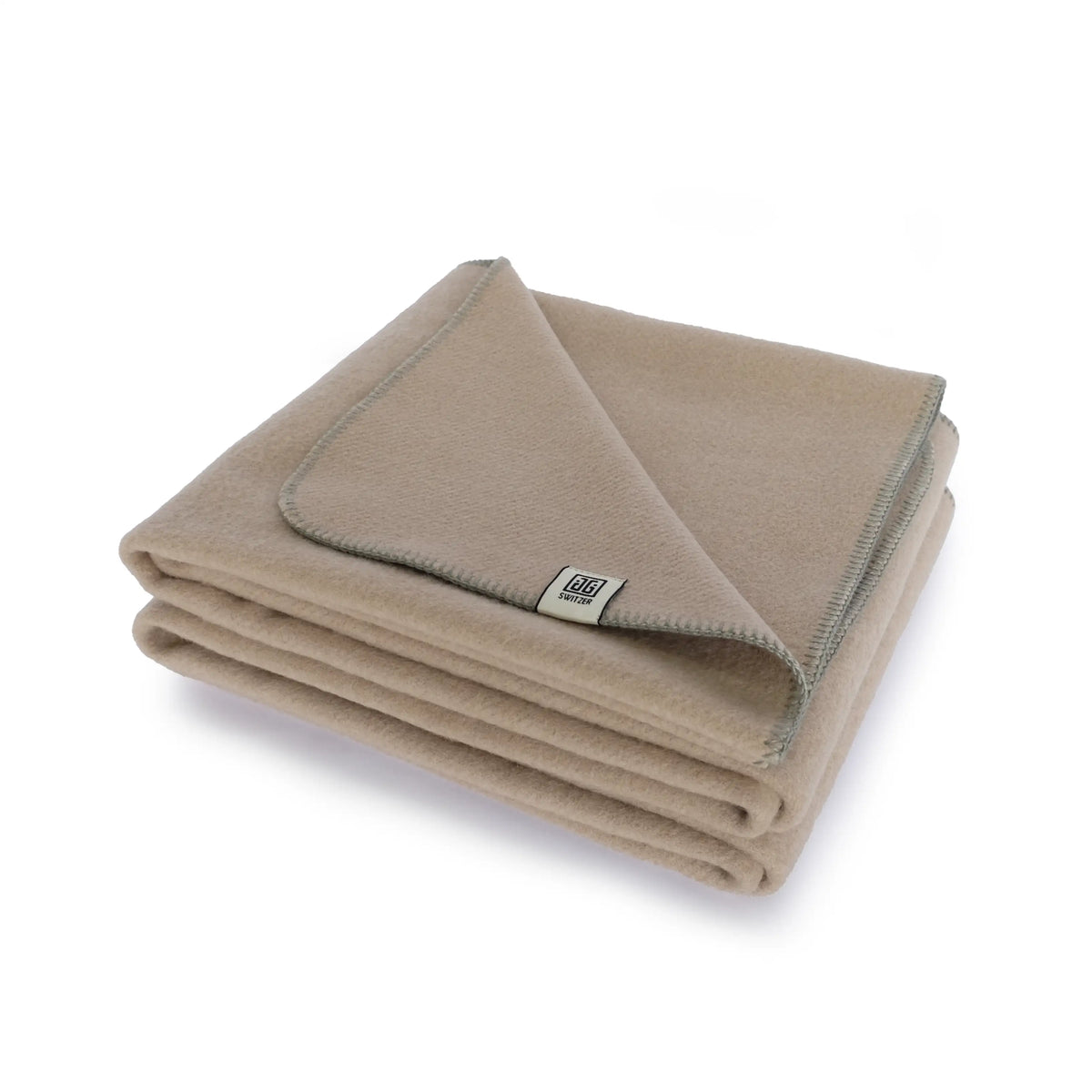 Wool Flannel Throw - Fawn with Green Stitching