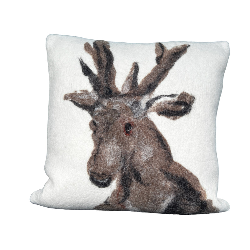 Hand-Painted Wool Stag Pillow with Leather Backing - 24"x24" (Sample Sale)