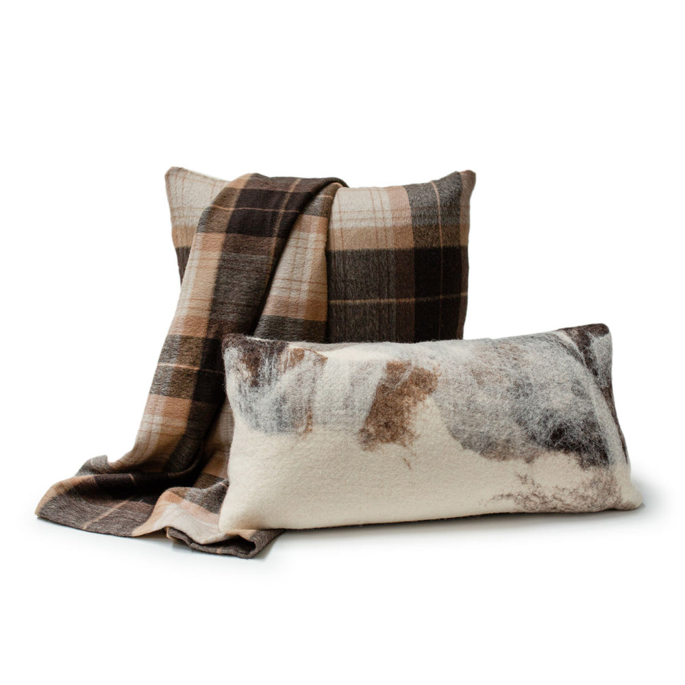 
                      
                        Tahoe with Cream Wool Pillow with Prima Alpaca Back in Plaid Espresso Camel
                      
                    